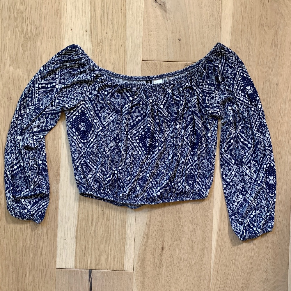 H&M Dividend Long-Sleeve Blue and White Crop Top